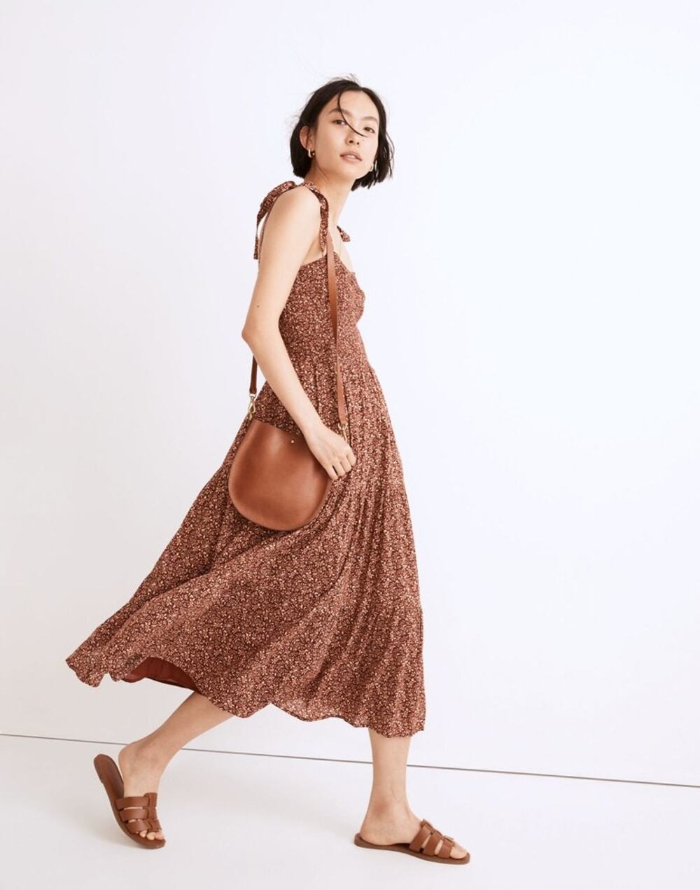 Madewell Lucie Tie Strap Tiered Midi Dress Women Medium Brown Florentine Floral
